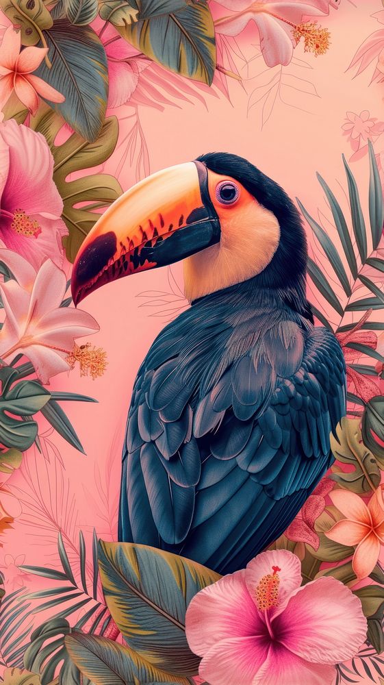 Realistic vintage drawing of tropical bird flower animal toucan.