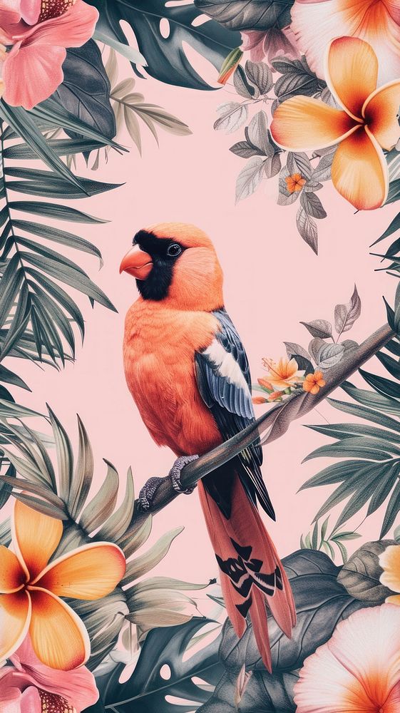 Realistic vintage drawing of tropical bird pattern flower animal.