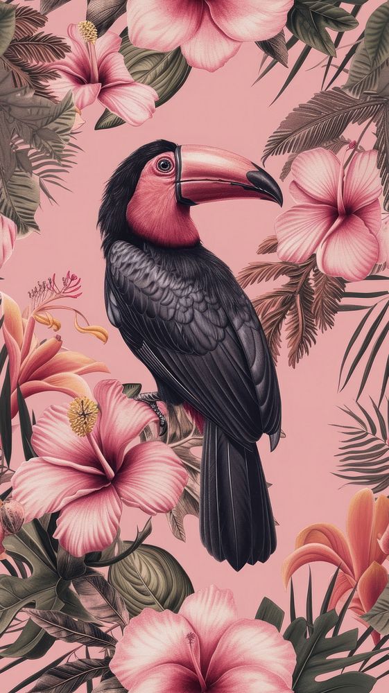 Realistic vintage drawing of tropical bird flower outdoors animal.