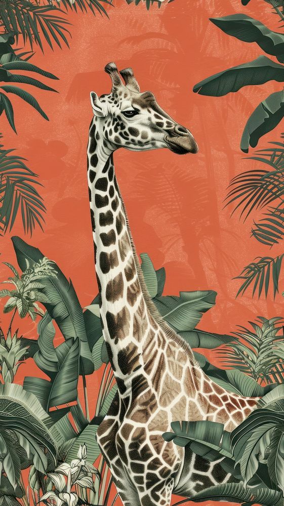 Realistic vintage drawing of wild animals wildlife outdoors giraffe.