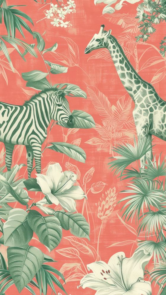 Realistic vintage drawing of wild animals backgrounds green red.