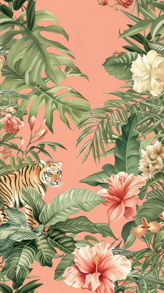 Realistic vintage drawing of wild animals flower backgrounds outdoors.