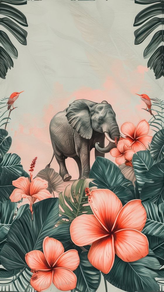Realistic vintage drawing of wildlife flower elephant outdoors.