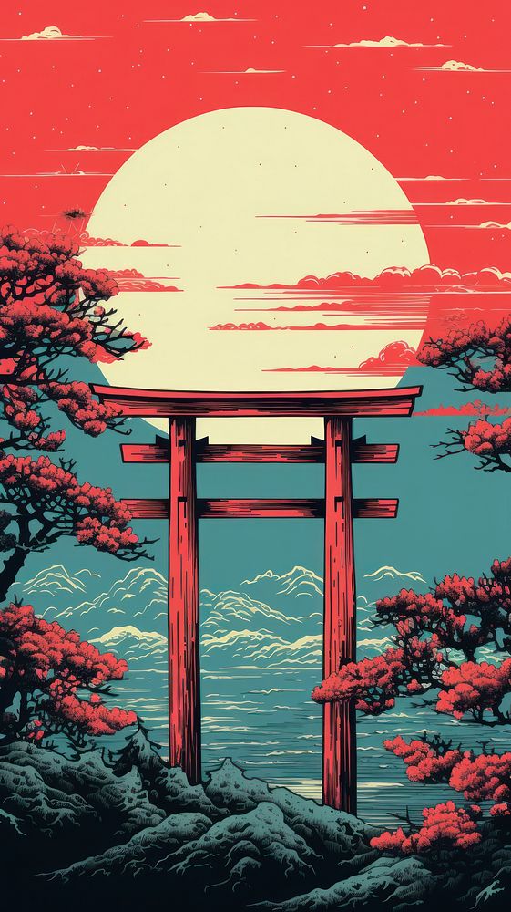 Traditional japanese wood block print illustration of torii with flower againts bright sky outdoors nature red.