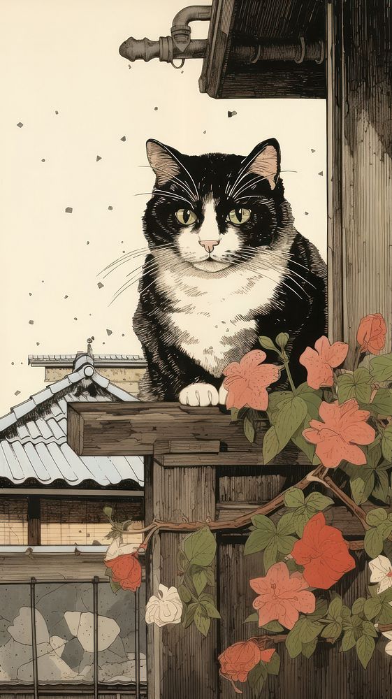 Traditional japanese wood block print illustration of a Calico Cat with flower on the roof animal mammal pet.