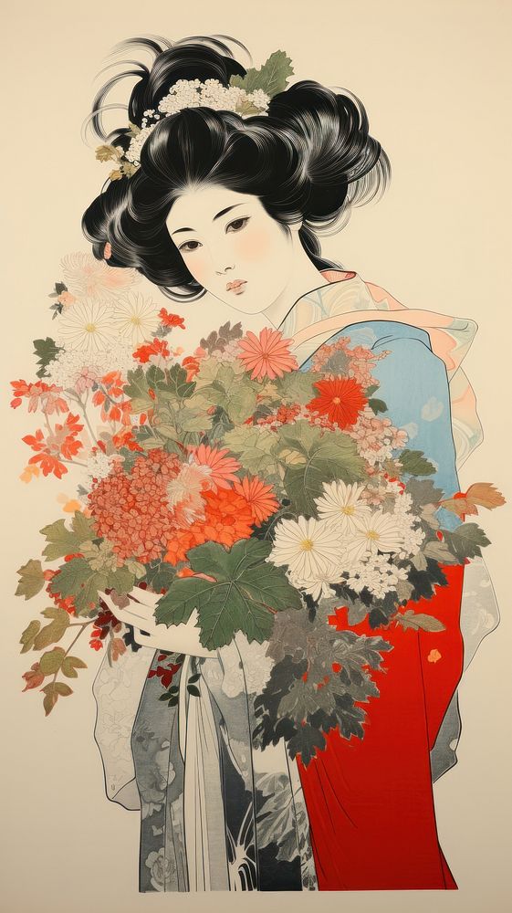 Traditional japanese wood block print illustration of woman holding flower bouquet painting adult plant.