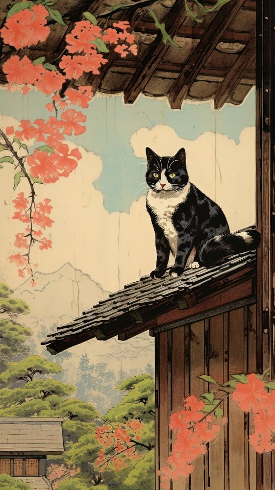 Traditional japanese wood block print illustration of a Calico Cat with flower on the roof architecture building outdoors.
