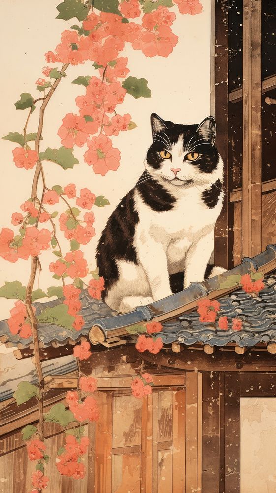 Traditional japanese wood block print illustration of a Calico Cat with flower on the roof animal mammal plant.