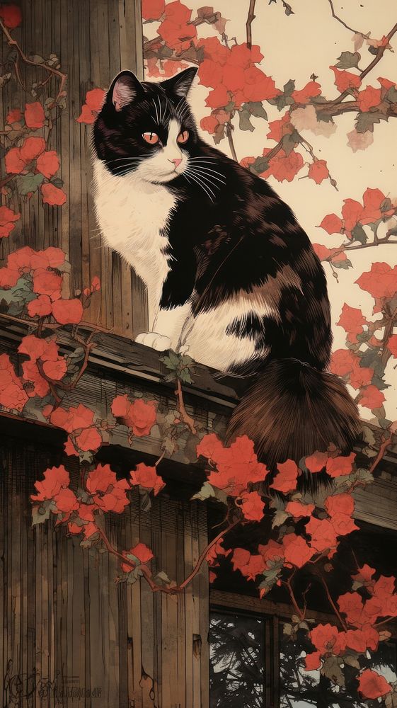 Traditional japanese wood block print illustration of a Calico Cat with flower on the roof animal mammal plant.