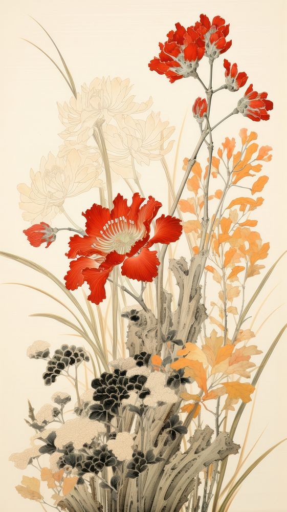 Traditional japanese wood block print illustration of dried flowers pattern plant art.
