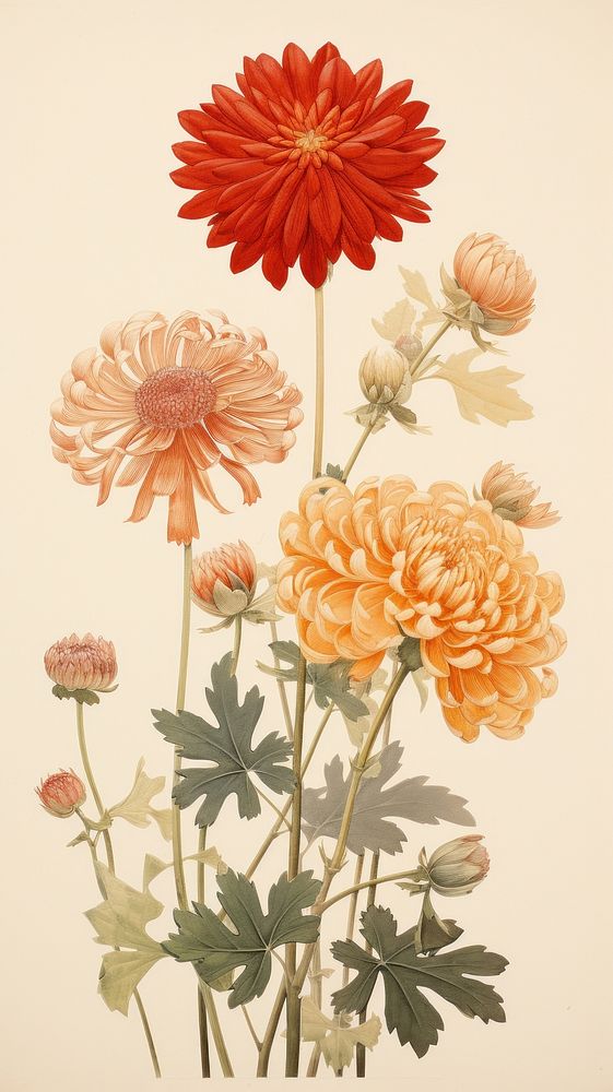 Traditional japanese wood block print illustration of dried flowers pattern petal plant.