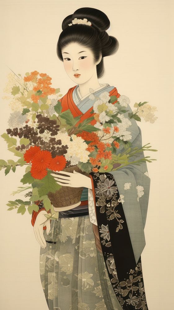 Traditional japanese wood block print illustration of woman holding flower bouquet painting kimono adult.