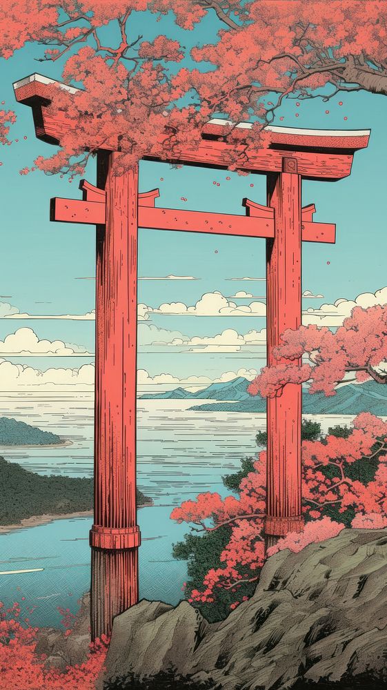 Traditional japanese wood block print illustration of torii with flower againts bright sky outdoors nature gate.