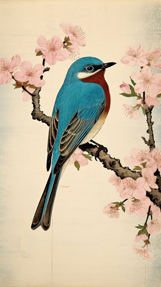 Blue bird on a cherryblossom branch painting animal flower.