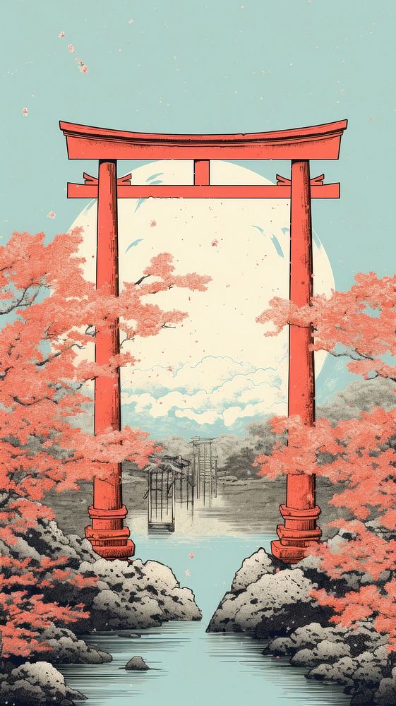 Traditional japanese wood block print illustration of torii with flower againts bright sky outdoors nature autumn.
