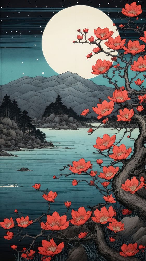 Traditional japanese wood block print illustration of blossom flowers by lake midnight outdoors nature plant.