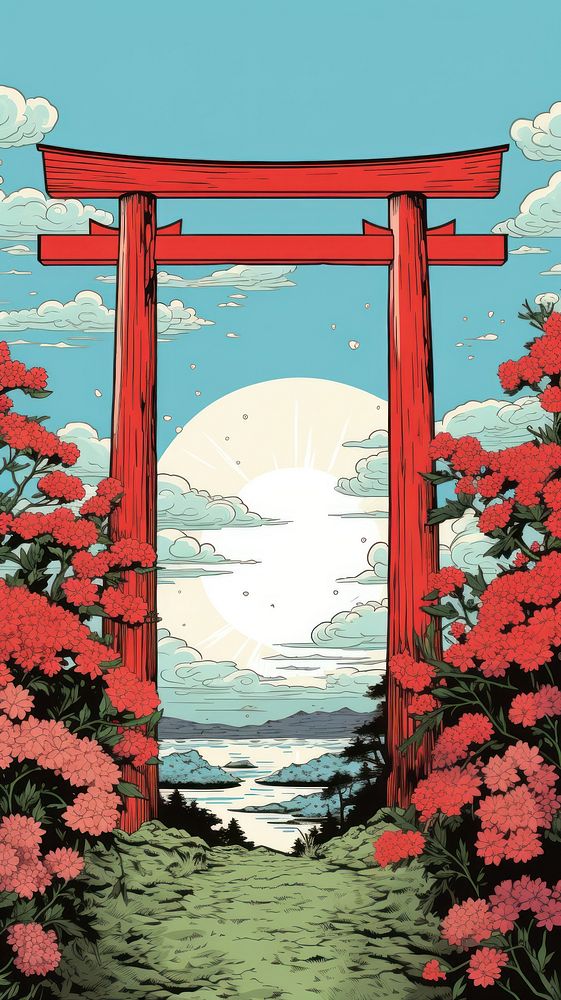Traditional japanese wood block print illustration of torii with flower againts bright sky plant gate red.