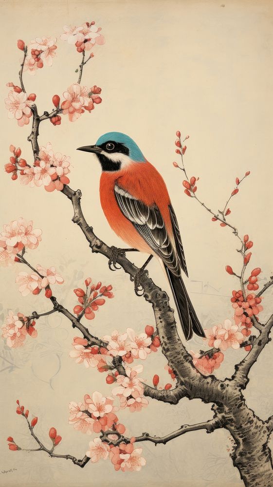 Traditional japanese wood block print illustration of bird with spring flowers garden landscape painting animal plant.