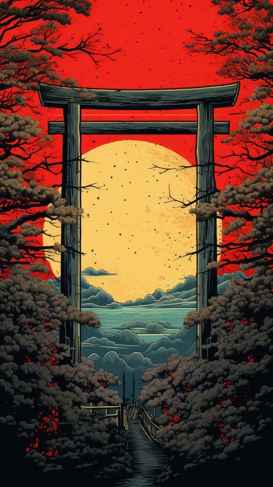 Traditional japanese wood block print illustration of torii with flower againts bright sky outdoors red architecture.