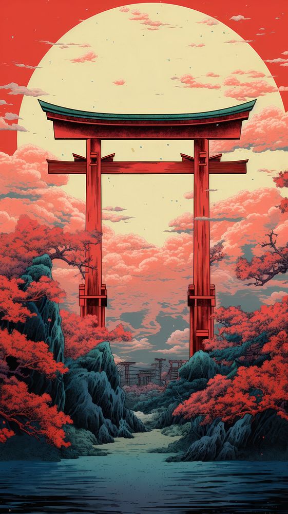 Traditional japanese wood block print illustration of torii with flower againts bright sky gate red spirituality.