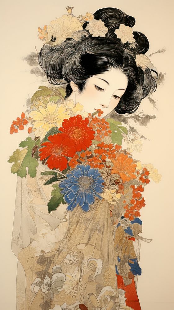 Traditional japanese wood block print illustration of woman holding flower bouquet portrait painting adult.