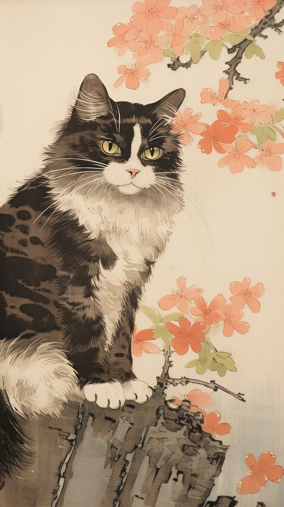 Traditional japanese wood block print illustration of a Calico Cat with flower on the roof painting animal mammal.