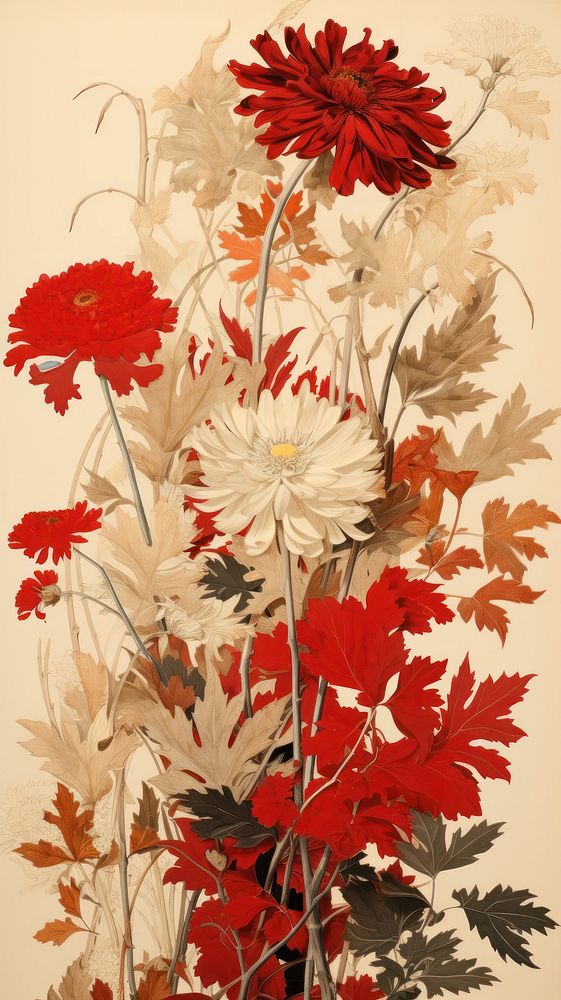 Traditional japanese wood block print illustration of dried flowers painting pattern plant.