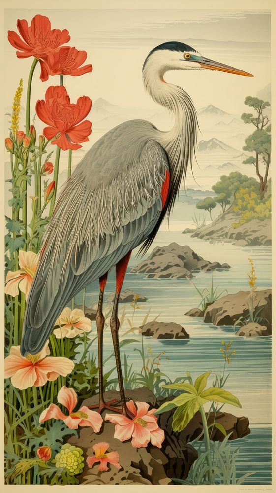 Traditional japanese wood block print illustration of spring flowers garden landscape with holy heron flying painting animal…