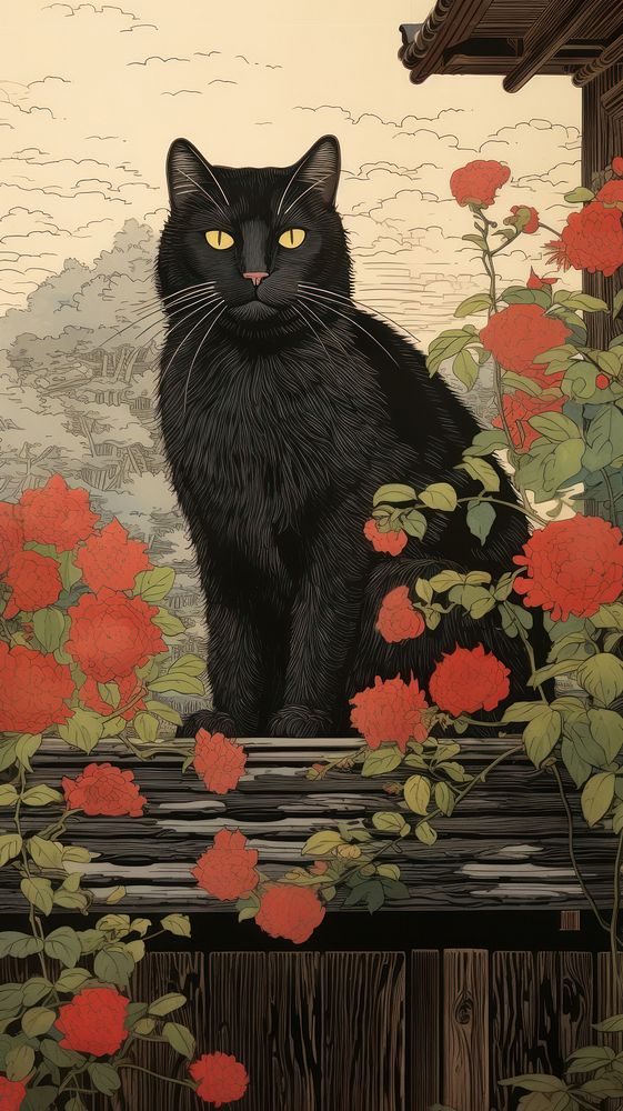 Traditional japanese wood block print illustration of a black cat with flower on the roof animal mammal plant.