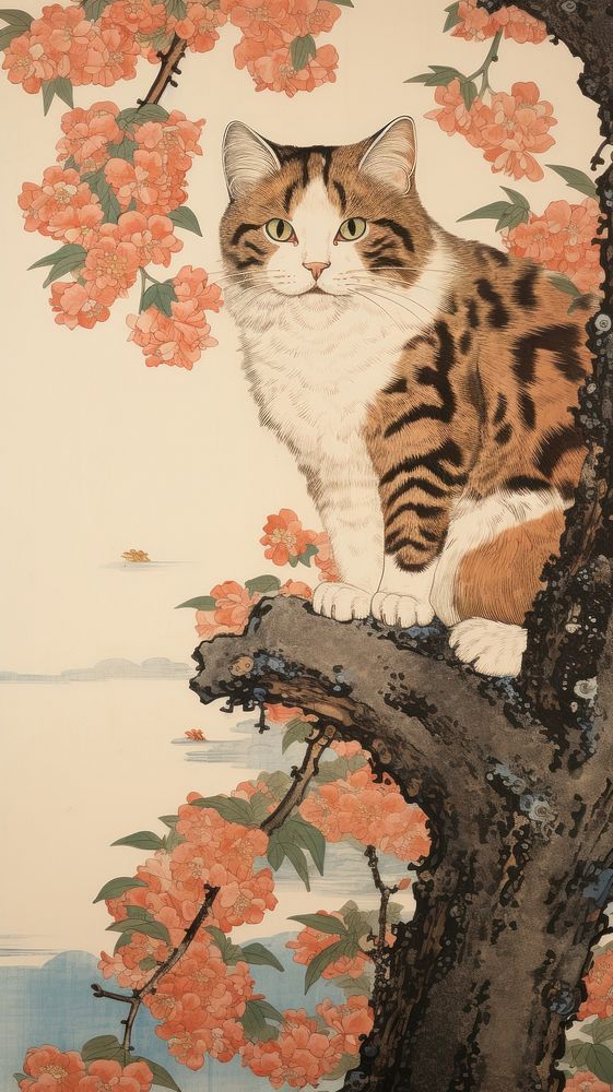 Traditional japanese wood block print illustration of a Calico Cat with flower on the roof painting animal mammal.