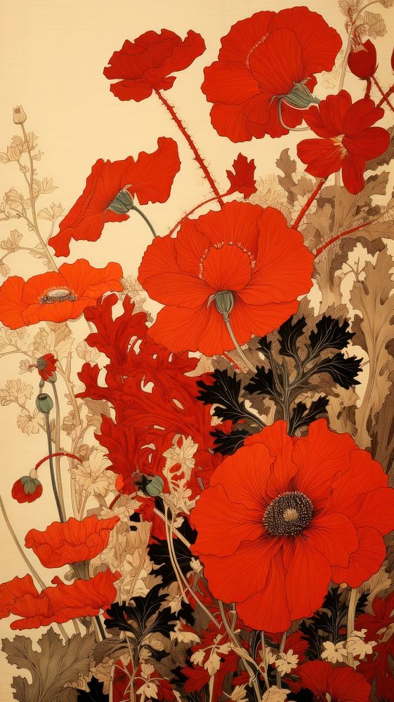 Traditional japanese wood block print illustration of dried flowers poppy plant art.