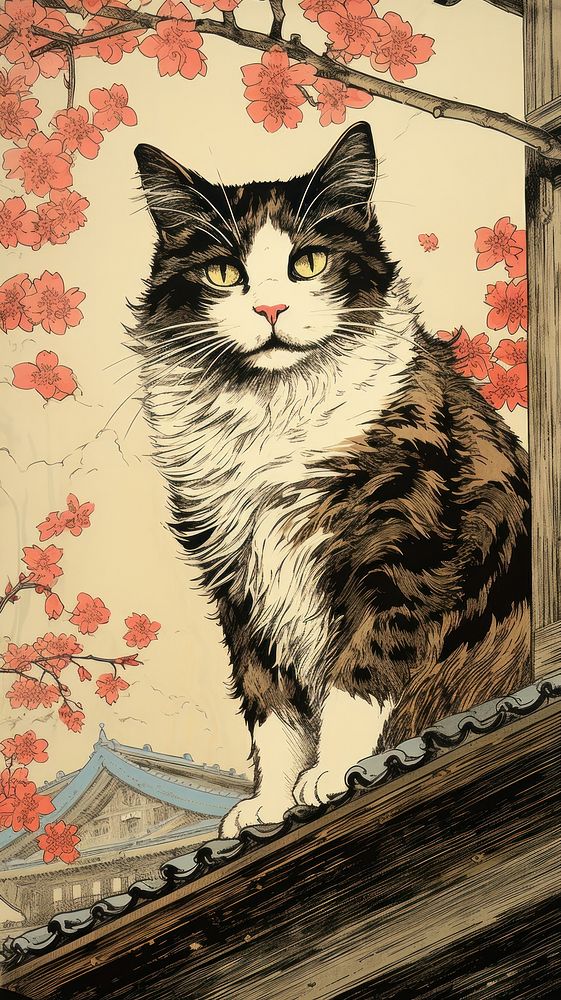 Traditional japanese wood block print illustration of a Calico Cat with flower on the roof drawing animal mammal.