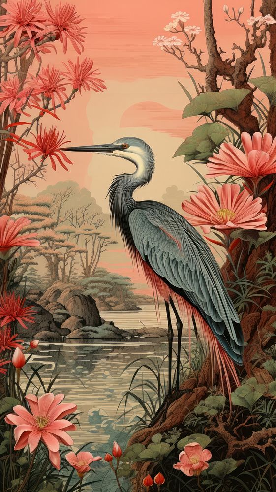 Traditional japanese wood block print illustration of spring flowers garden landscape with holy heron flying outdoors…