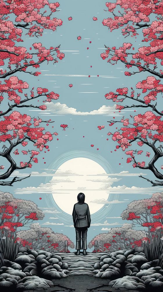 Traditional japanese wood block print illustration of torii with flower againts bright sky outdoors plant adult.