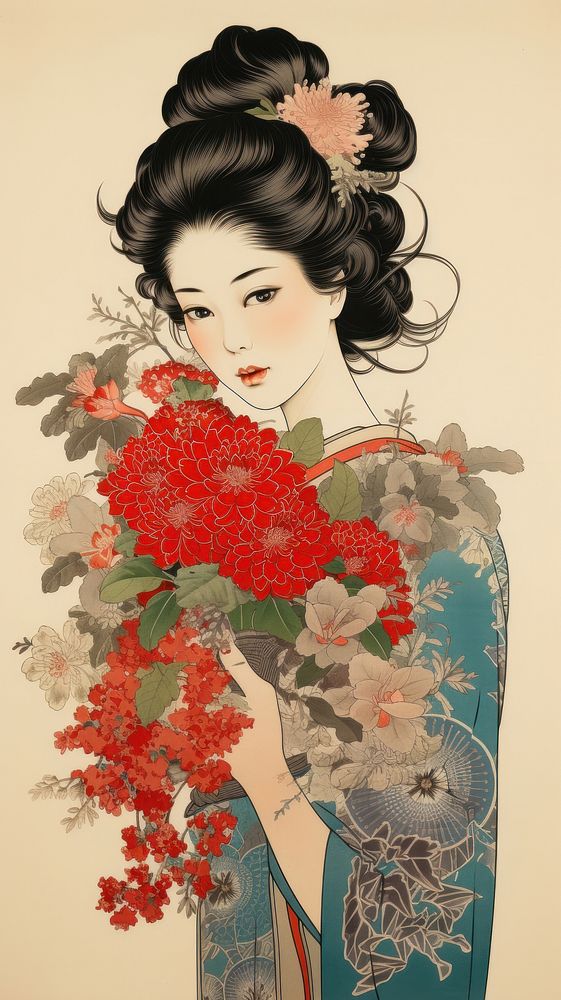 Traditional japanese wood block print illustration of woman holding flower bouquet painting fashion pattern.