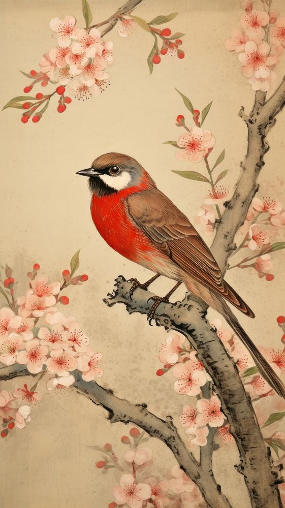 Traditional japanese wood block print illustration of bird with spring flowers garden landscape animal plant art.