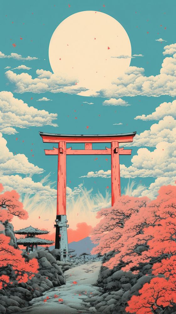 Traditional japanese wood block print illustration of torii with flower againts bright sky outdoors nature moon.