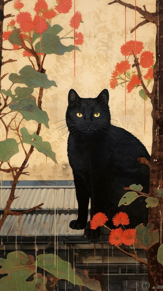Traditional japanese wood block print illustration of a black cat with flower on the roof painting animal mammal.