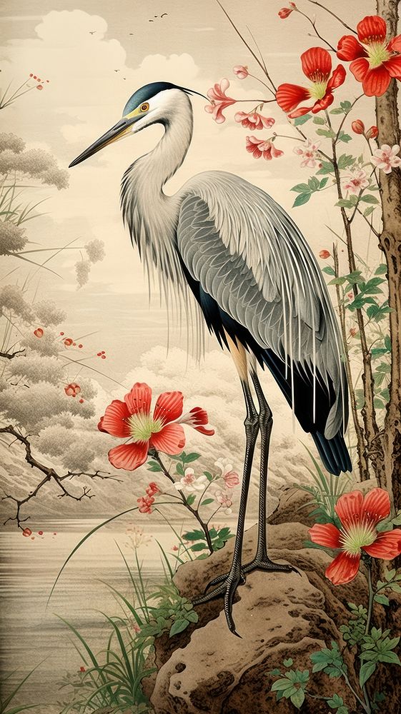 Traditional japanese wood block print illustration of spring flowers garden landscape with holy heron flying animal plant…