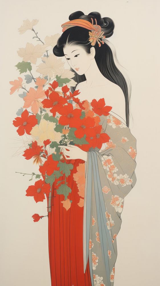 Traditional japanese wood block print illustration of woman holding flower bouquet painting adult robe.