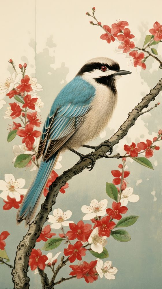 Traditional japanese wood block print illustration of bird with spring flowers garden landscape animal art wildlife.