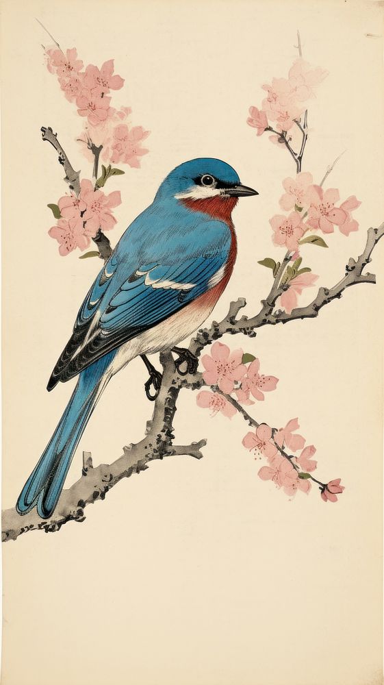 Blue bird on a cherryblossom branch animal plant creativity.