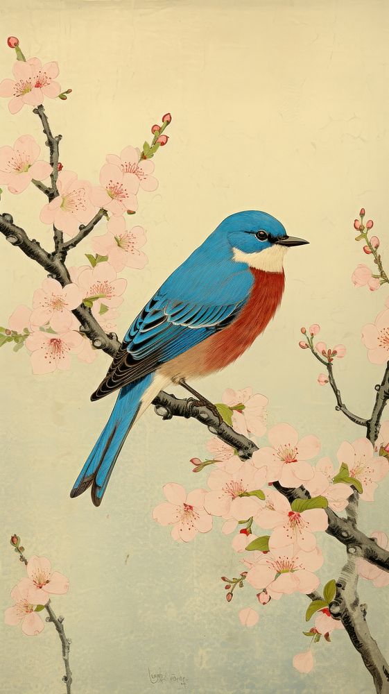 Blue bird on a cherryblossom branch painting flower animal.