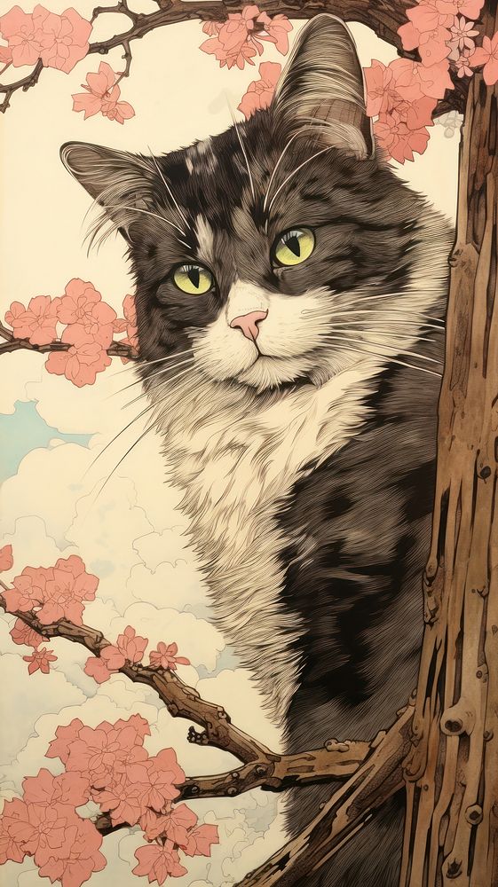 Traditional japanese wood block print illustration of a Calico Cat with flower on the roof painting drawing animal.