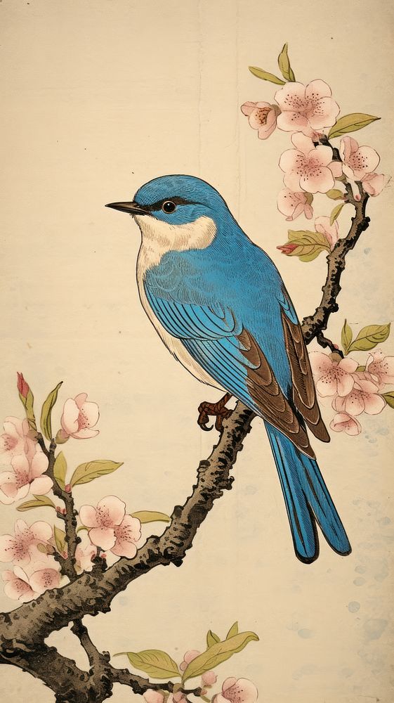 Blue bird on a cherryblossom branch animal art creativity.