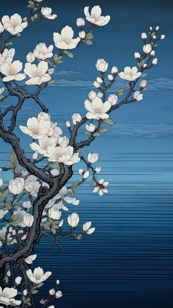 Traditional japanese wood block print illustration of blossom flowers by lake midnight plant art inflorescence.