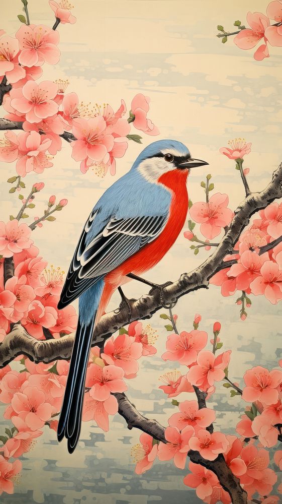Traditional japanese wood block print illustration of bird with spring flowers garden landscape painting blossom animal.