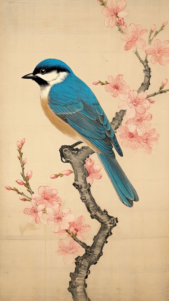 Blue bird on a cherryblossom branch animal creativity wildlife.