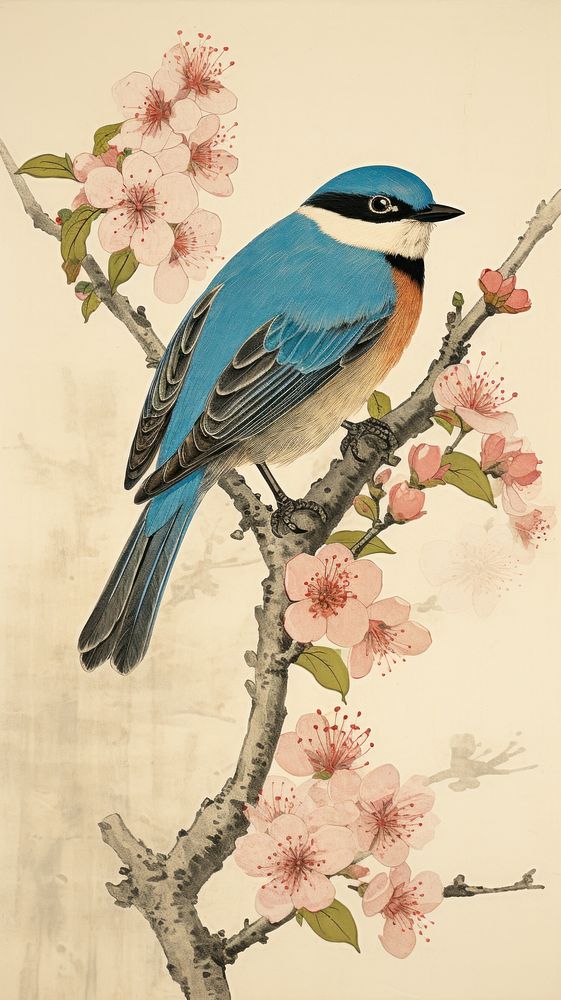 Blue bird on a cherryblossom branch animal flower plant.
