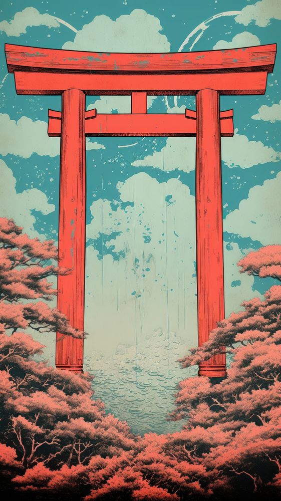 Traditional japanese wood block print illustration of torii with flower againts bright sky gate red spirituality.